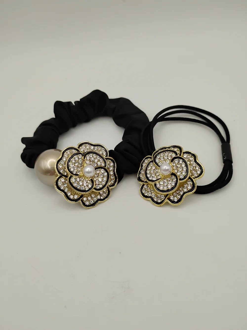 Black Pearl and Crystal Flower Hair Tie Set
